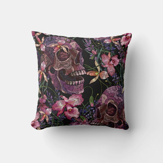 Embroidered Skull: Gothic Orchid Pattern Throw Pillow (Front)