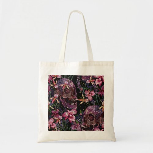 Embroidered Skull Gothic Orchid Pattern Tote Bag