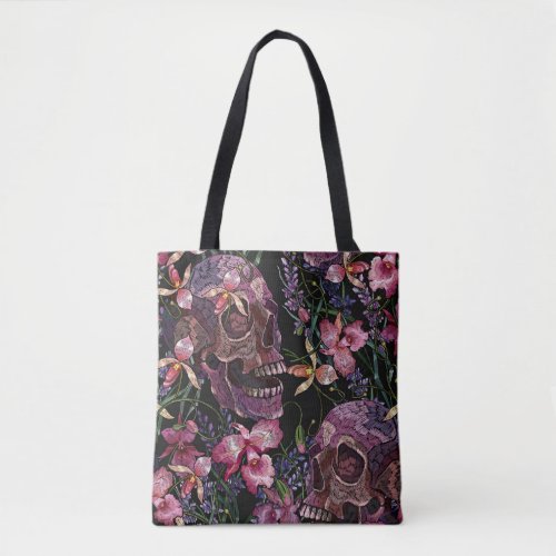 Embroidered Skull Gothic Orchid Pattern Tote Bag
