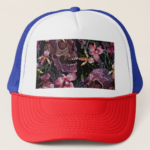 Embroidered Skull Gothic Orchid Pattern Trucker Hat