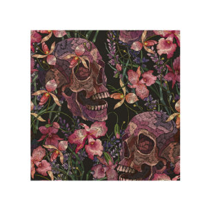 Embroidered Skull: Gothic Orchid Pattern Wood Wall Art