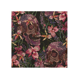Embroidered Skull: Gothic Orchid Pattern Wood Wall Art