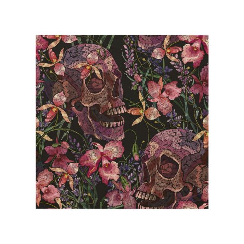 Embroidered Skull Gothic Orchid Pattern Wood Wall Art