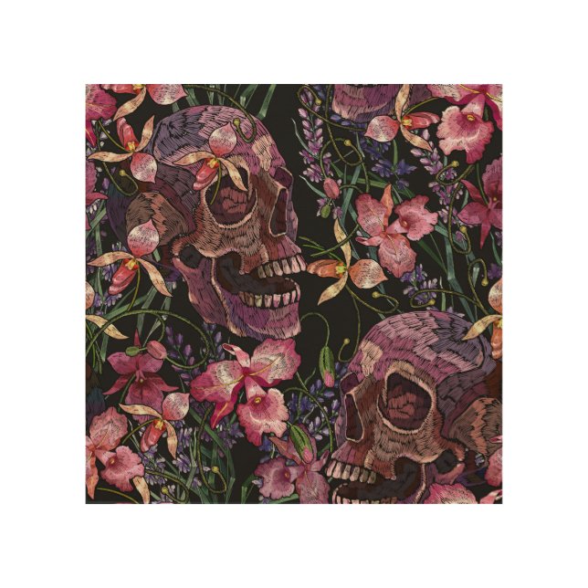 Embroidered Skull: Gothic Orchid Pattern Wood Wall Art (Front)