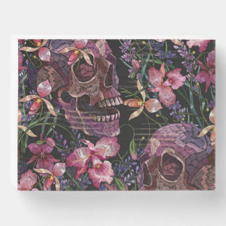 Embroidered Skull: Gothic Orchid Pattern Wooden Box Sign