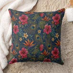 Embroidered smooth tropical plants on denim throw pillow