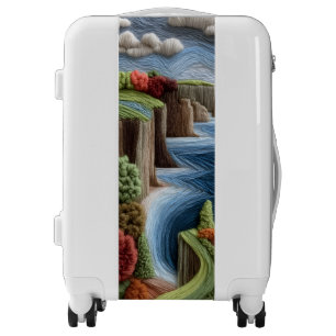 Embroidered Style Canyon & River Landscape with Luggage