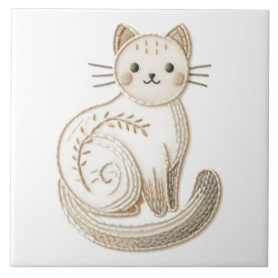 Embroidered Style Neutral Boho Kitty Cat Art Ceramic Tile