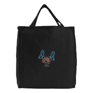 Embroidered Twin Butterflies Rose Name Carryall Tote Bag