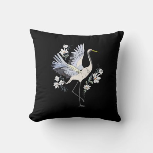 Embroidered White and Gray Crane Bird Floral Black Throw Pillow