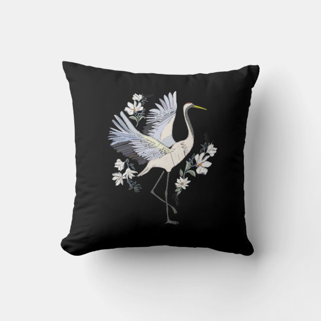 Embroidered White and Gray Crane Bird Floral Black Throw Pillow (Front)
