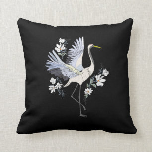 Embroidered White and Gray Crane Bird Floral Black Throw Pillow