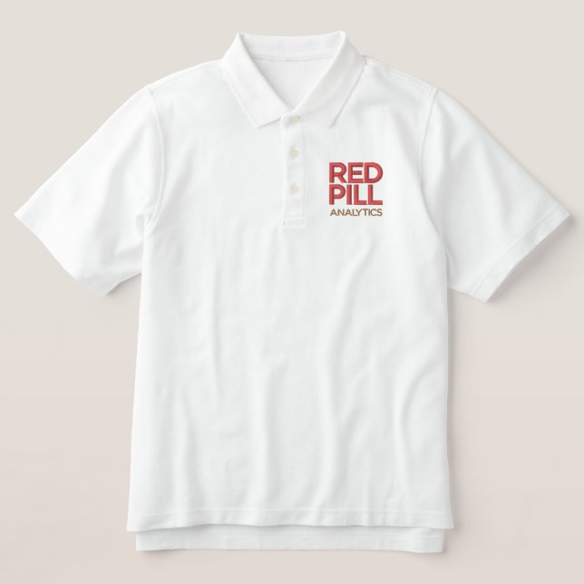Embroidered White Polo with Red Text Logo (Men's) (Design Front)
