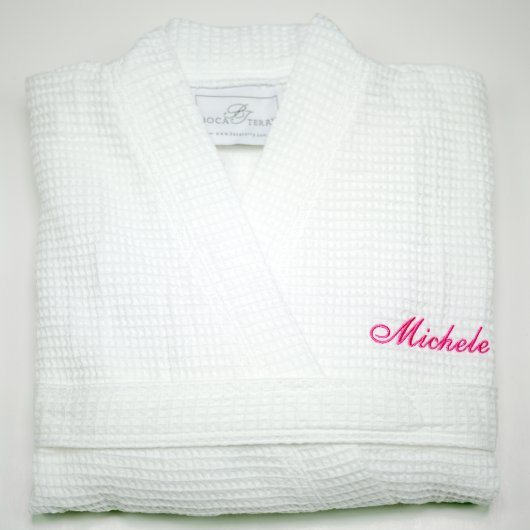 Embroidered White Waffle Cotton-Poly Blend Kimono (Folded)