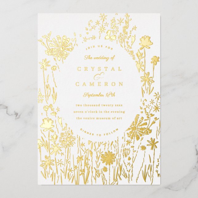 Embroidered Wildflower Field Floral Meadow Gold Foil Invitation (Front)