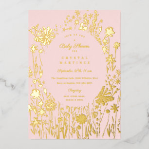 Embroidered Wildflower Floral Meadow Baby Shower Foil Invitation