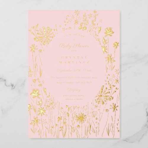 Embroidered Wildflower Floral Meadow Baby Shower  Foil Invitation