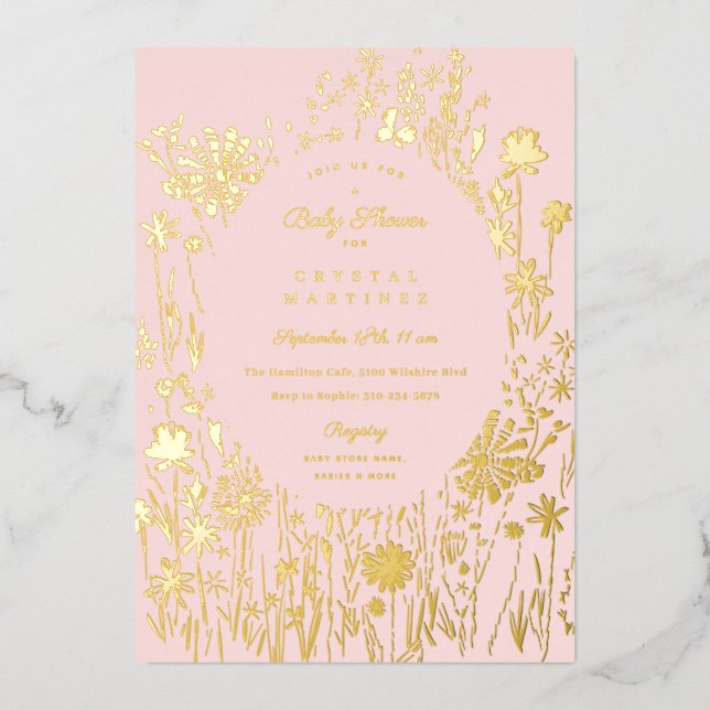 Embroidered Wildflower Floral Meadow Baby Shower  Foil Invitation (Front)
