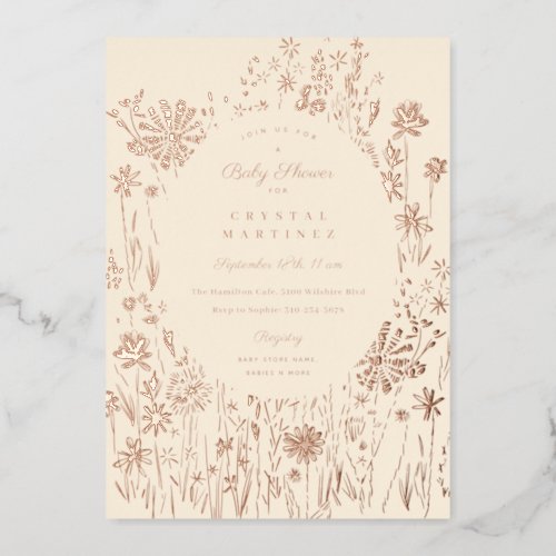 Embroidered Wildflower Floral Meadow Baby Shower Foil Invitation