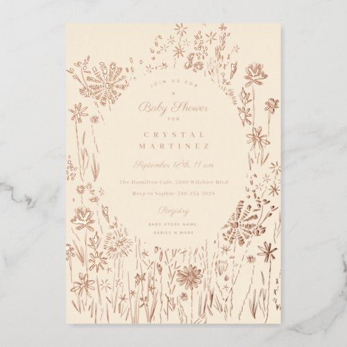 Embroidered Wildflower Floral Meadow Baby Shower Foil Invitation