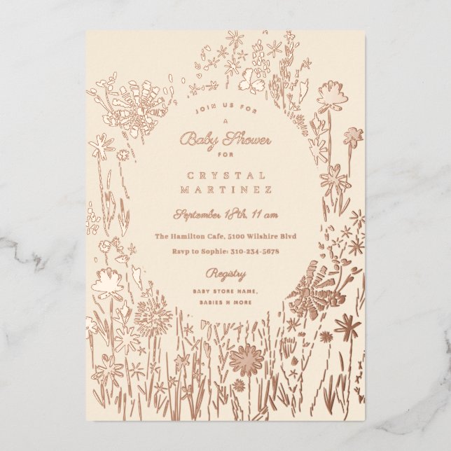 Embroidered Wildflower Floral Meadow Baby Shower Foil Invitation (Front)