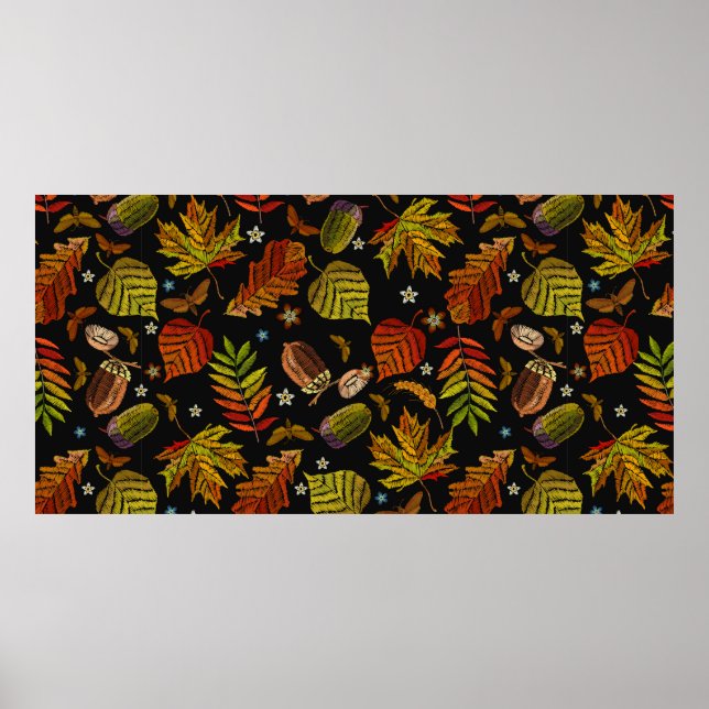 Embroidery art. Autumn seamless pattern. Leaves, a Poster (Front)
