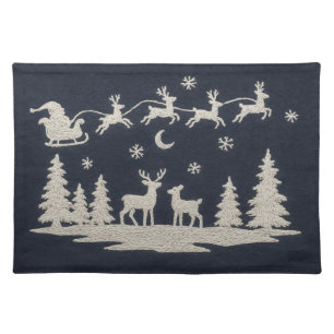 Embroidery Christmas Forest Animals Santa Sleigh Cloth Placemat