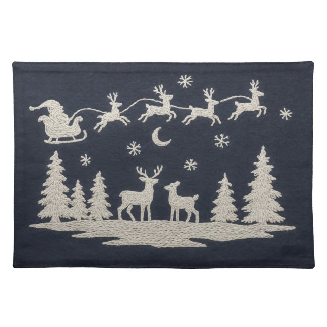 Embroidery Christmas Forest Animals Santa Sleigh Cloth Placemat (Front)