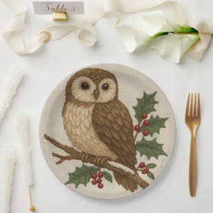 embroidery Christmas Owl with Holly Rustic  Paper Plates
