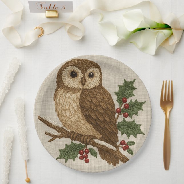 embroidery Christmas Owl with Holly Rustic  Paper Plates (Wedding)