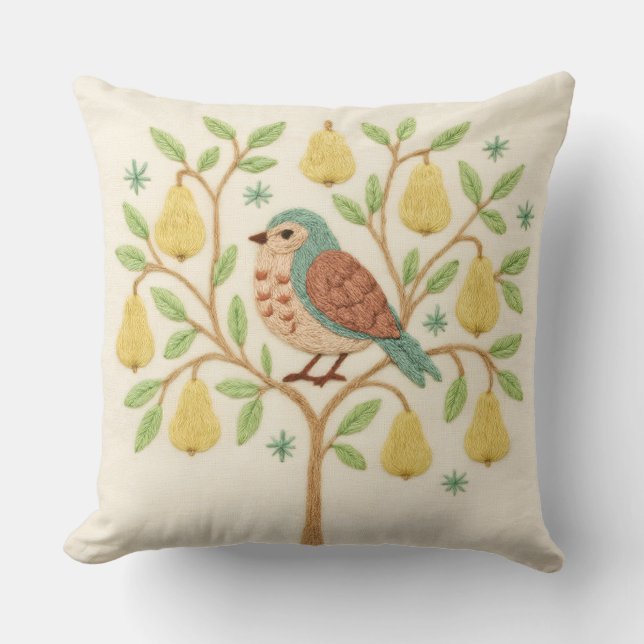 Embroidery Christmas Partridge in a Pear Tree Throw Pillow (Front)