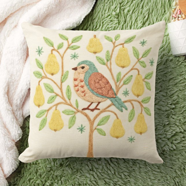 Embroidery Christmas Partridge in a Pear Tree Throw Pillow (Creator Uploaded)