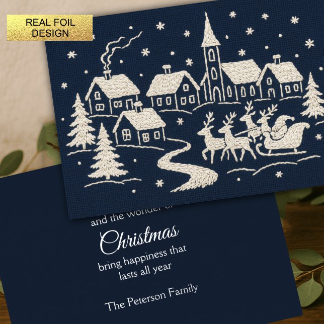 Embroidery Christmas Snow Village Scene Blue White Foil Holiday Card (Creator Uploaded)