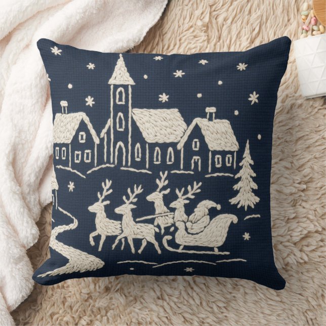 Embroidery Christmas Snow Village Scene Blue White Throw Pillow (Blanket)