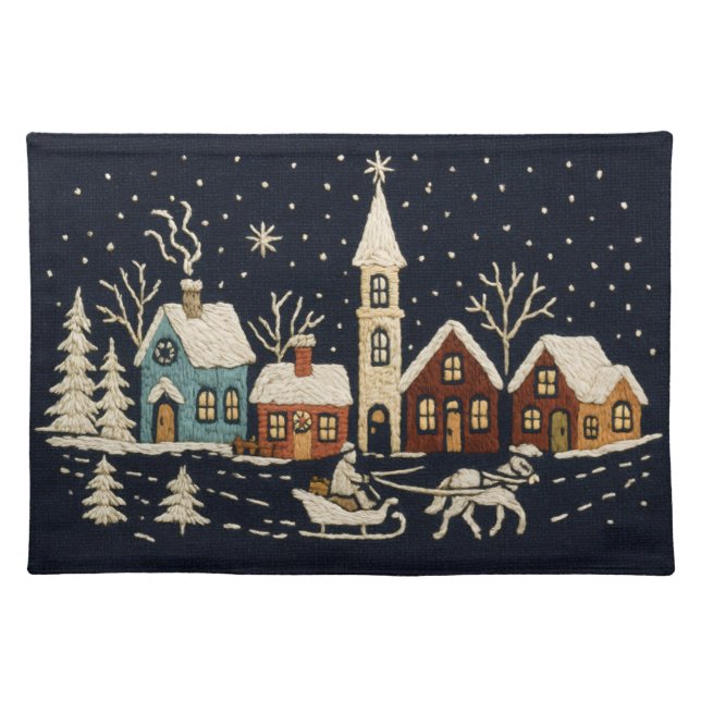 Embroidery Christmas Snowy Village Scene Blue Cloth Placemat (Front)