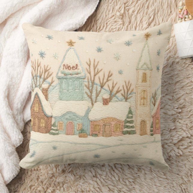 Embroidery Christmas Snowy Village Scene Throw Pillow (Blanket)
