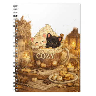  embroidery, Cozy cat mug, Chibi kittens, Tuxedo c Notebook
