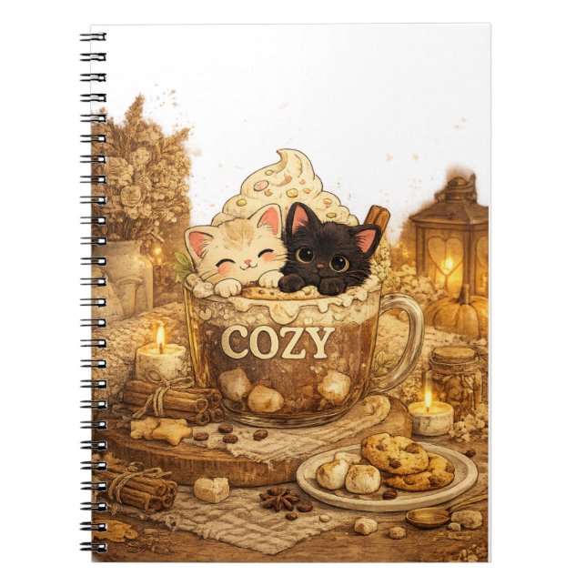  embroidery, Cozy cat mug, Chibi kittens, Tuxedo c Notebook (Front)