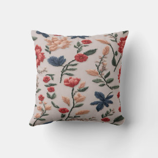Embroidery Delicate flowers on a beige background Throw Pillow