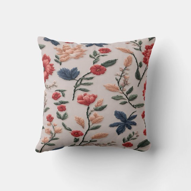 Embroidery Delicate flowers on a beige background Throw Pillow (Back)