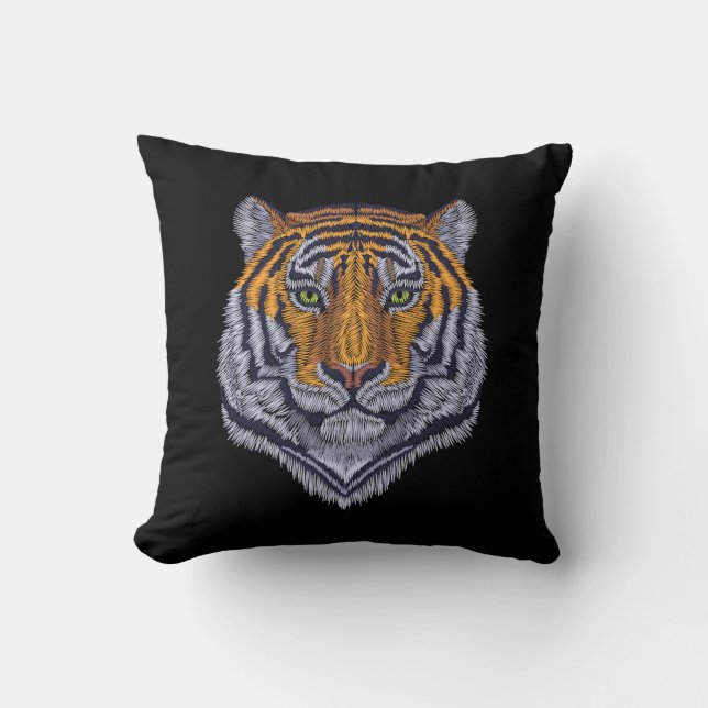 Embroidery Design Tiger Head Black Throw Pillow (Front)