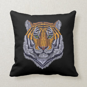 Embroidery Design Tiger Head Black Throw Pillow