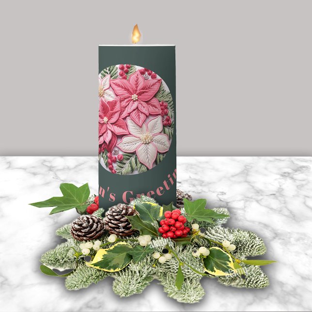 Embroidery Effect Christmas Poinsettia Custom Name Pillar Candle (Creator Uploaded)