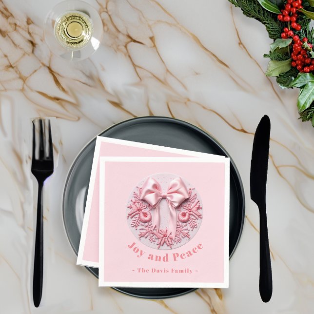 Embroidery Effect Pink Christmas Bow Custom Name Napkins (Creator Uploaded)