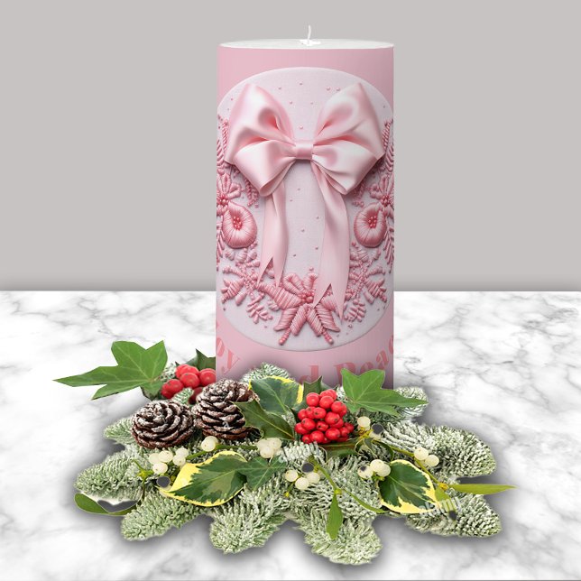 Embroidery Effect Pink Christmas Bow Custom Name Pillar Candle (Creator Uploaded)