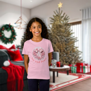 Embroidery Effect Pink Christmas Bow Joy & Peace T-Shirt