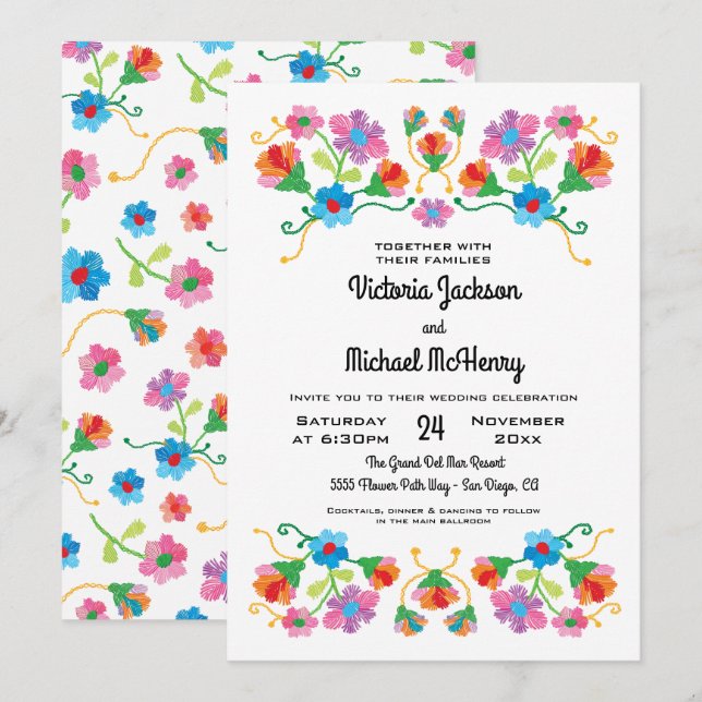 Embroidery Floral Folk art Wedding Invitation (Front/Back)