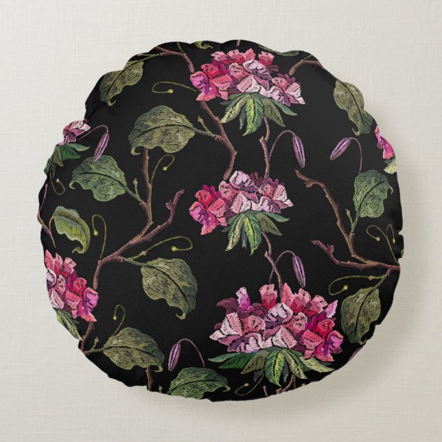 Embroidery geranium flowers seamless pattern round pillow (Front)