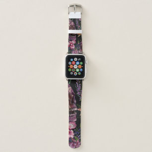 Embroidery human skull and pink orchid flowers pat apple watch band