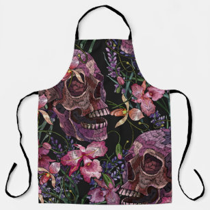 Embroidery human skull and pink orchid flowers pat apron